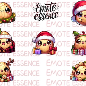 以下が含まれることがあります： クリスマスをテーマにしたさまざまな衣装とポーズをした、かわいい漫画のジャガイモのキャラクターを描いたデジタルイラスト9点セット。ジャガイモはサンタの帽子、チェック柄のスカーフ、トナカイの角、リースを着用しています。イラストは、クリスマスをテーマにしたプロジェクトに最適です。