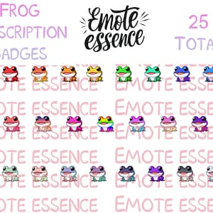 Op de afbeelding: Een set van 25 kikker-abonnement badges. De badges tonen een cartoon kikker in verschillende kleuren, waaronder rood, oranje, geel, groen, blauw, paars en grijs. De tekst "Emote Essence" wordt op elke badge herhaald.