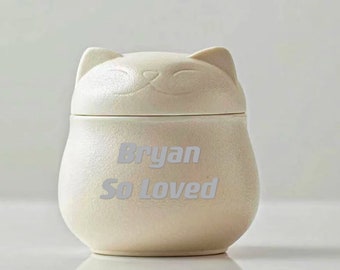 Customized Ceramic Cat Urn, Cute Memorial Box Pet Ashes Jar, Semi-spherical Cat Feature Pet Urn, Mini Handcrafted White Cat Pet Urn 9 in3