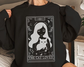 Kattälskaren Rolig Tarotkorts-tröja med skalle, Rolig katttröja, Rolig Halloweentröja, Celestial Whimsigoth-tröja