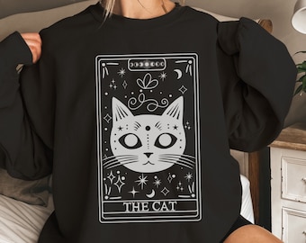 Katten Rolig Tarotkort Crewneck Tröja, Rolig Katt Halloweentröja, Celestial Whimsigoth Tarotkort Tröja, Häxtröja