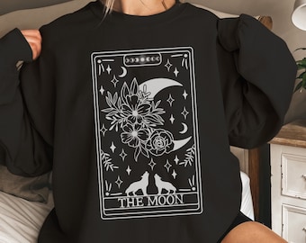 Der Mond Tarot Card Crewneck Sweatshirt, Halloween Sweatshirt, Celestial Whimsigoth Tarot Card Sweatshirt, Moon Floral Cute Design