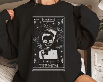 The Mom Funny Skull Tarot Card Crewneck Sweatshirt, Funny Halloween Sweater, Celestial Whimsigoth Tarot Card Sweatshirt, Witch Sweatshirt