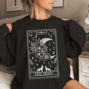 Bluza z okrągłym dekoltem z motywem księżyca i karty tarota, bluza na Halloween, bluza z motywem nieba i gotyku z kartami tarota, księżycowy kwiatowy wzór