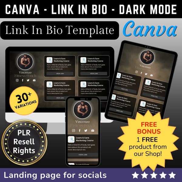 Canva Link in Bio landing page template DARK MODE - with PLR Resell rights | Instagram bio  | Tiktok bio | Canva page template
