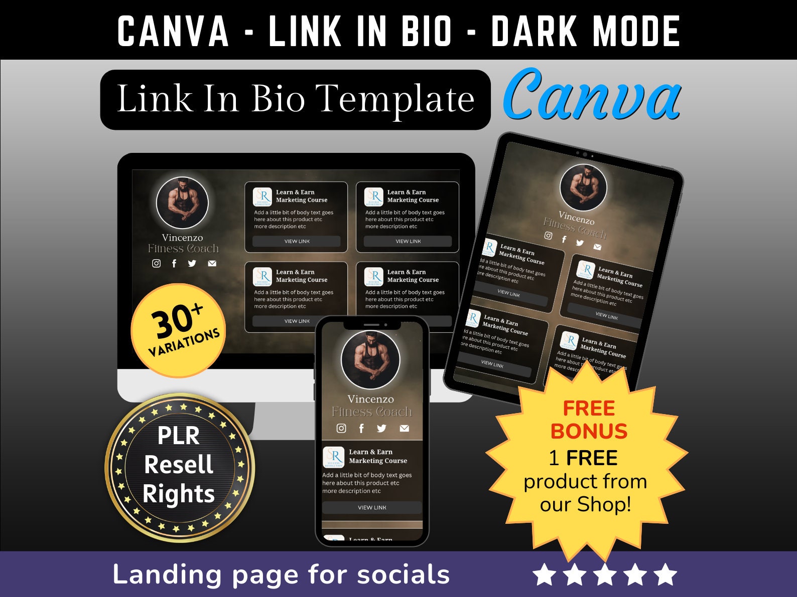 Canva Link in Bio Landing Page Template DARK MODE With PLR Resell