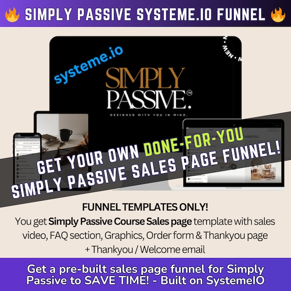 Entonnoir de conversion de la page de vente du cours MRR Simply Passive pour systemeIO + page de commande + page de remerciement