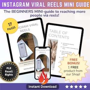 Könnte beinhalten: Werbung für einen Instagram Reels-Leitfaden. Das Bild zeigt drei digitale Geräte, die den Inhalt des Leitfadens anzeigen, darunter ein Tablet und ein Smartphone. Der Text enthält "Instagram Viral Reels Mini Guide" und "Free Bonus!"
