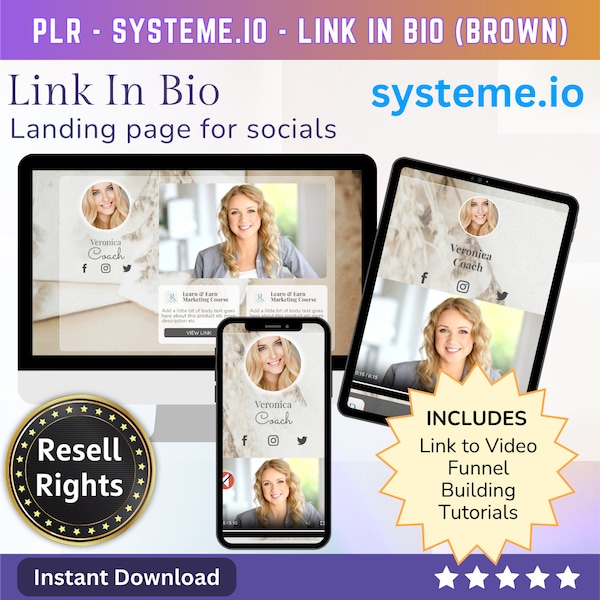 SystemeIO Link in Bio landing page template Resell rights (Brown) | Instagram bio  | Tiktok bio | StanStore template replacer PLR