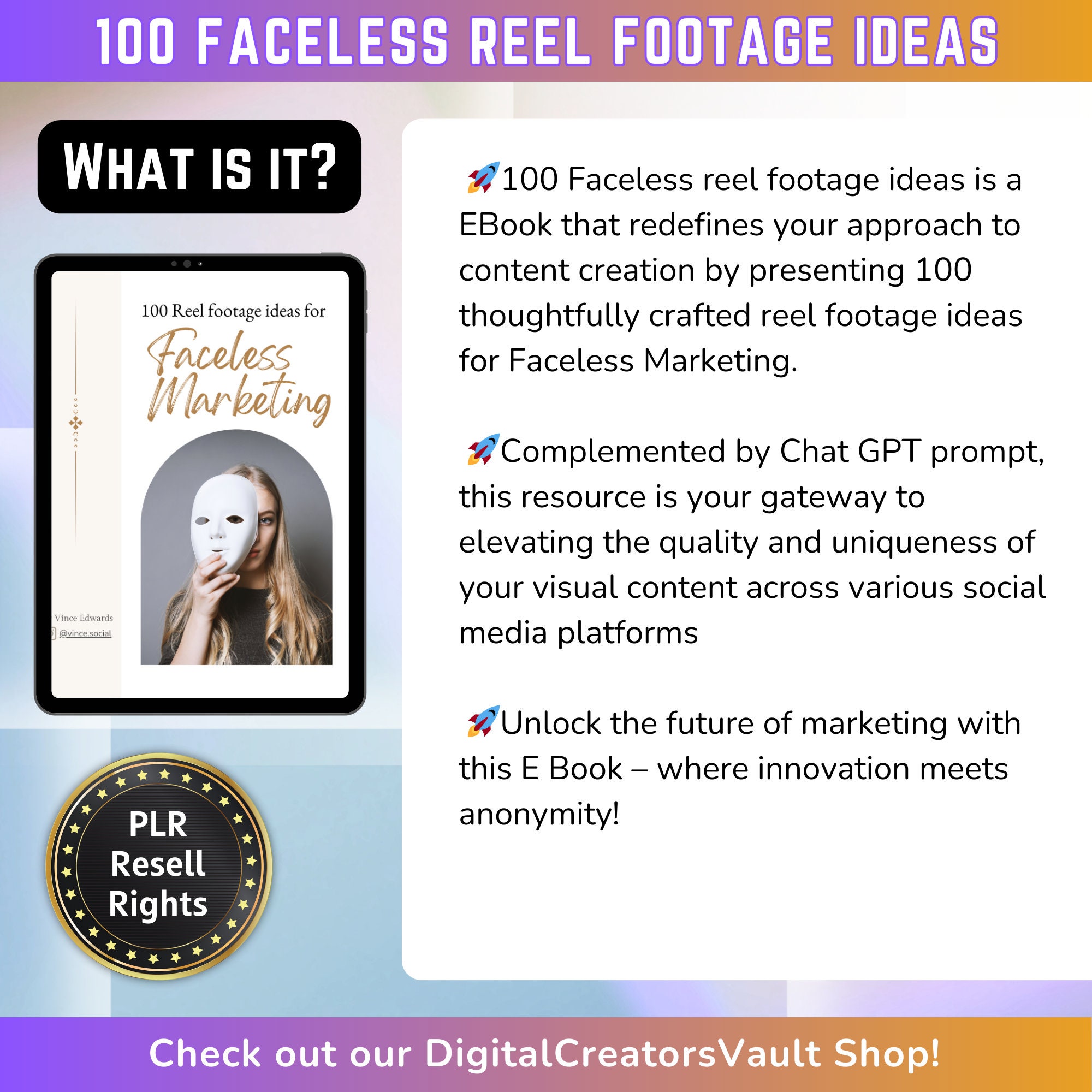 Face Less Video Operator Prompt 100 Faceless Reel Footage Idea Mini-ebook + Chat GPT Prompt: Anonymous ...