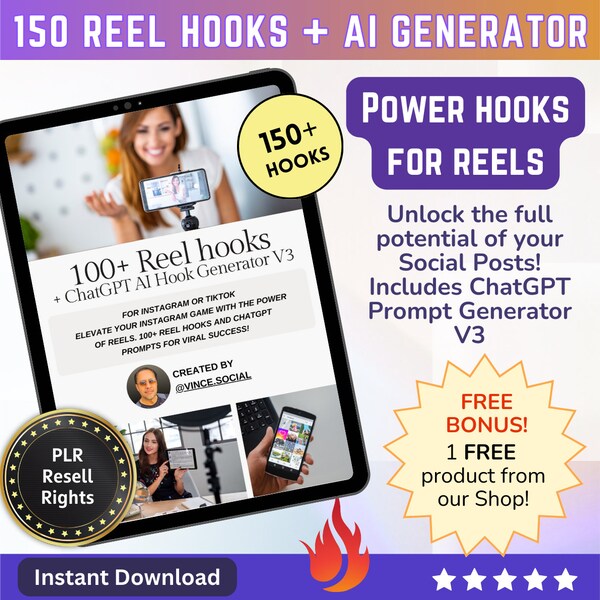 150+ Reel Hooks for Instagram & TikTok Social posts + ChatGPT prompt for power reel hooks - Insta Reel Hooks + Master Resell Rights + PLR