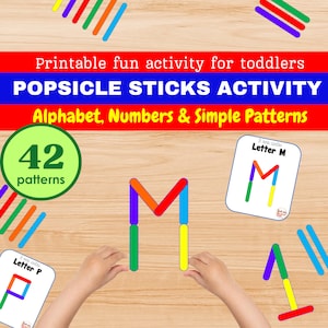 Alfabeto, números, letras, palitos de helado, patrones, actividad para niños pequeños en edad preescolar, jardín de infantes, educación en el hogar Montessori