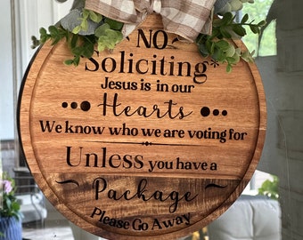 Funny 'No Soliciting' Acacia Wood Door Hanger
