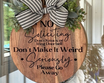 Funny No Soliciting Acacia Wood Door Hanger: Rustic Farmhouse Decor