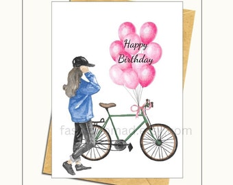 Bat Mitzvah Card, Mazel Tov Card, Bicycle, Balloons,  Happy Birthday folded Printable Card