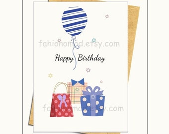 Happy Birthday Folded Printable Card, Gifts and Balloons, Greeting Digital Print Card, Star of David