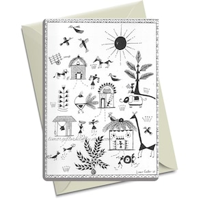 May include: Black and white illustrated greeting card featuring a village scene with huts, people, animals, and a sun. The card is rectangular and has a decorative border. The card is paired with a light green envelope.