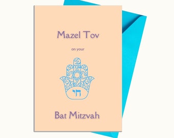 Bat Mitzvah Mazel Tov Hamsa Card,  Happy Birthday folded Printable Card, Judaism Greeting Card,Hamsa Symbol for protraction