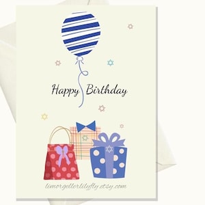 Kaart met gelukkige verjaardagscadeaus en ballonnen, gepersonaliseerde wenskaart voor verjaardagscadeau
