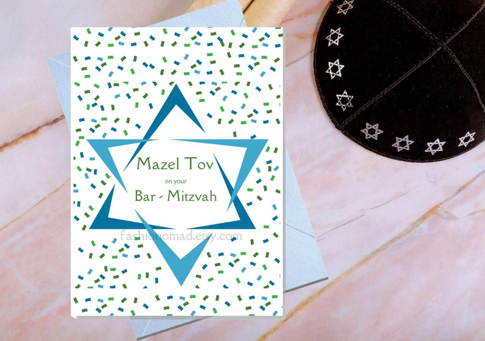 Bar Mitzvah Printable Card, Star of David and Confetti Bar Mitzvah Card, Mazel Tov Jewish Card ...