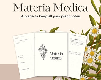 May include: A printable Materia Medica journal featuring a floral design and the text "A place to keep all your plant notes". The journal includes sections for plant name, common name, plant description, and plant communication notes.