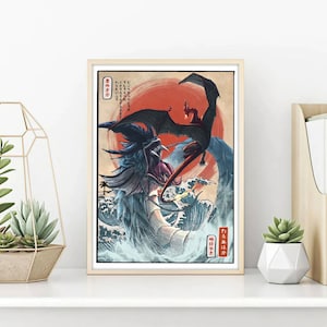 May include: A digital art print featuring a black and red dragon with a red sun in the background. The dragon is flying over a blue wave with a white crest. The print has Japanese text in the bottom right corner.