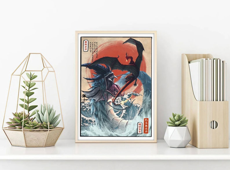 May include: A digital art print featuring a black and red dragon with a red sun in the background. The dragon is flying over a blue wave with a white crest. The print has Japanese text in the bottom right corner.