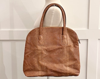 Vintage camel brown faux crocodile purse, faux leather shoulder bag, casual bag, large laptop or iPad handbag, back to school bag, vegan eco
