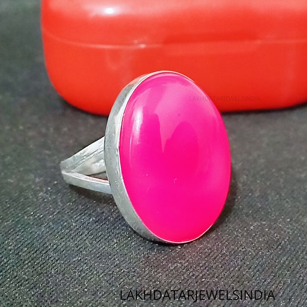 Bague de calcédoine rose chaud Fuchsia - Bague de lunette - Bague en pierre rose - Bijoux en calcédoine - Bague en calcédoine rose - Bague en argent sterling 925 pour femmes