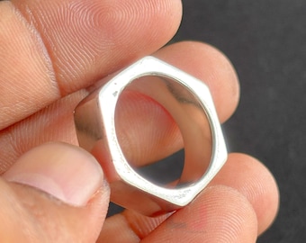 Hex Nut Shape Wide Band, Sterling Silver Minimalist Geometric Statement Ring, Gift For Him