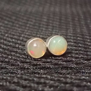 5mm Round Ethiopian Opal Gemstone-Silver Stud Earrings-Handmade Earrings-Stacking Stud Earrings-October Birthstone Jewelry-Gift For Love