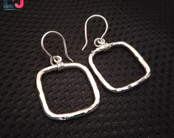 Hammered 925 Sterling Silver Square Dangle Earrings, Women Hoops, Statement Earrings
