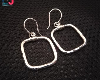 Silver Square Earrings, 925Silver Dangle Earrings for Women, Silver Earrings for Her, Hammered Jewelry, Open Square Drop Earrings