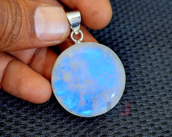 Rainbow Moonstone Pendant 21mm Large Round Moonstone 925 Sterling Silver, June Birthstone