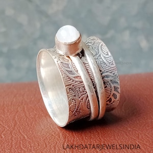 Rainbow Moonstone Ring, Solid 925 Sterling Silver Ring, Wide Thick Band, Meditation Thumb Ring, June Birthstone, Gift For Women,