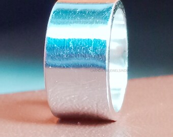 Handmade 8mm Flat Wide Band, Solid 925 Sterling Silver Statement Ring, Boho Ring, Simple Plain Band Ring For Him, Heavy Band Ring, Gift-Her