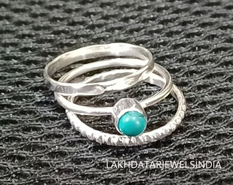 Set of Stacking Rings-Blue Turquoise Ring-Minimalist Dainty Ring Set-Solid 925 Sterling Silver Stackable Rings-Women Rings-Chunky Ring Set