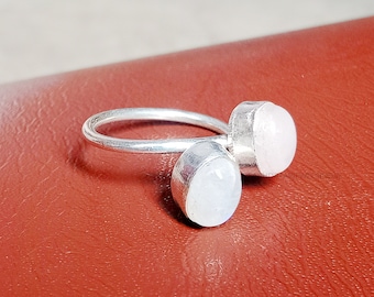 Sterling Silver Adjustable Ring: Moonstone & Rose Quartz