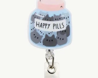 Kitten Cat Happy Pills Badge Reel: Pharmacy Tech Gift