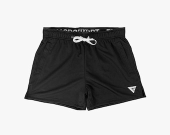 May include: Black athletic shorts with a white drawstring and a small white triangle logo on the right leg. The waistband has the text "SPORT" in gray.