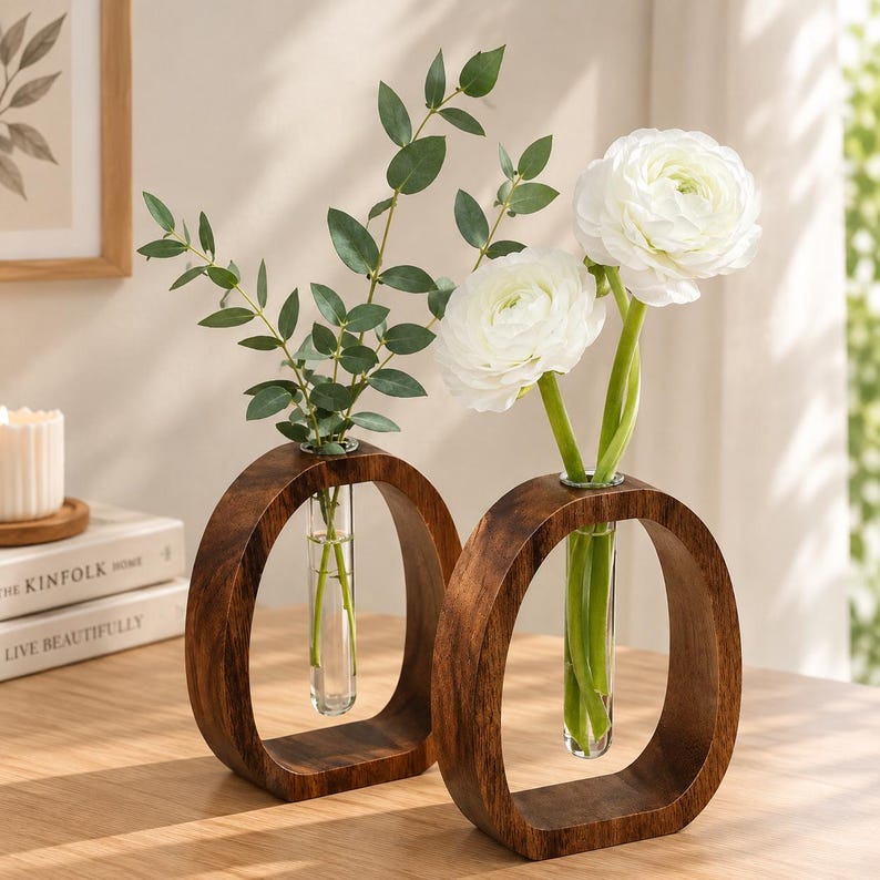 Walnut Wood Test Tube Vase, Modern Minimalist Flower Holder, Rustic ...