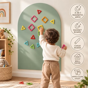 May include: A sage green arched wall-mounted board featuring magnetic geometric shapes in various colors. The board includes text labels: 3-in-1 Magnetic Arch, Magnet Board, Chalk Board, Wall Decor, and Wipes Clean Easily.