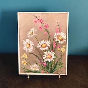 Vintage Wildflower Original Oil Painting on Canvas, Daisies & Pink Blooms, Vintage Original Floral Oil Painting, Cottagecore Wall Painting