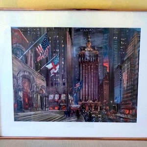 Rare Vintage Framed NYC Cityscape Print, Pan Am Building, Midtown Manhattan, 1980s NYC Wall Art, Artist Signed, Kamil Kubik, 19.25&quot; x 24.75&quot;