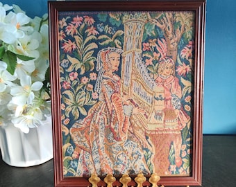 The Lady With The Organ Medieval Tapestry, Vintage Framed French Jacquard Tapestry