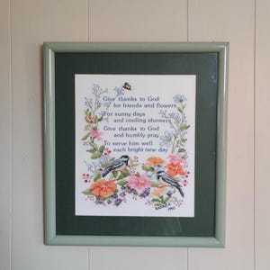 Vintage Framed Cross Stitch – Birds, Flowers & Prayer, Hand Embroidery