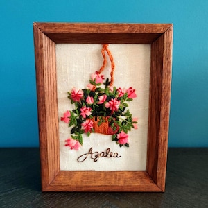 Vintage Framed Floral Crewel, Crewel Azalea Flower Art, Framed Cottagecore Embroidery, Framed Floral Crewel Embroidery Yarn Art, 6.25x8.25&quot;