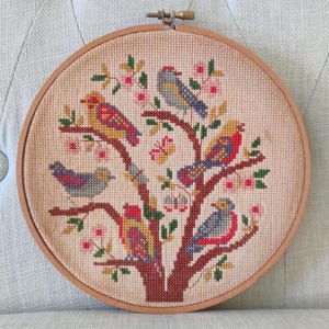 Vintage Bird Tree Completed Embroidery Hoop Art, Nursery Bird Wall Art, Cottagecore Wall Decor, Folk Art Needlework, Vintage Bird Embroidery