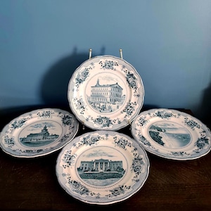 Set of 4 - Vintage Buffalo Pottery Plate Set, Historical Landmark Blue Transferware