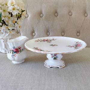 Royal Albert Moss Rose, Elegant Vintage Porcelain Cake Stand and Creamer Set, Vintage Wedding Cake Stand, Fine Bone China, Made in England